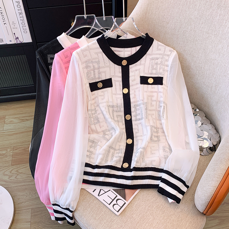 Real shot of large size 2024 spring style small fragrance style textured long-sleeved sweater for women V-neck versatile tops and jackets