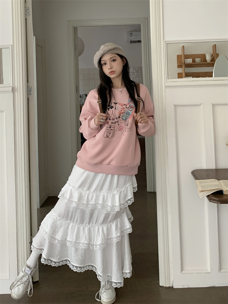 實拍 7903卡通印花慵懶衛衣+7905月光少女蕾絲花邊拼接白色魚尾裙