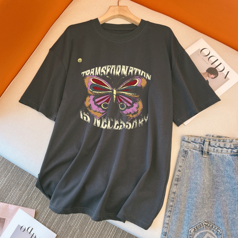 實拍 100%棉精梳純棉 印花夏裝短袖T恤女寬鬆韓版
