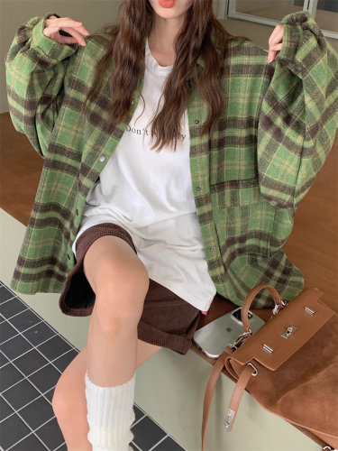 American retro plaid shirt for women, thin design, spring and autumn new style, Korean version, fashionable, versatile and casual