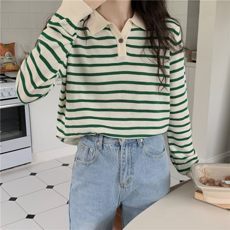 Actual shot of the new Korean high-end striped knitted all-match POLO shirt long-sleeved top
