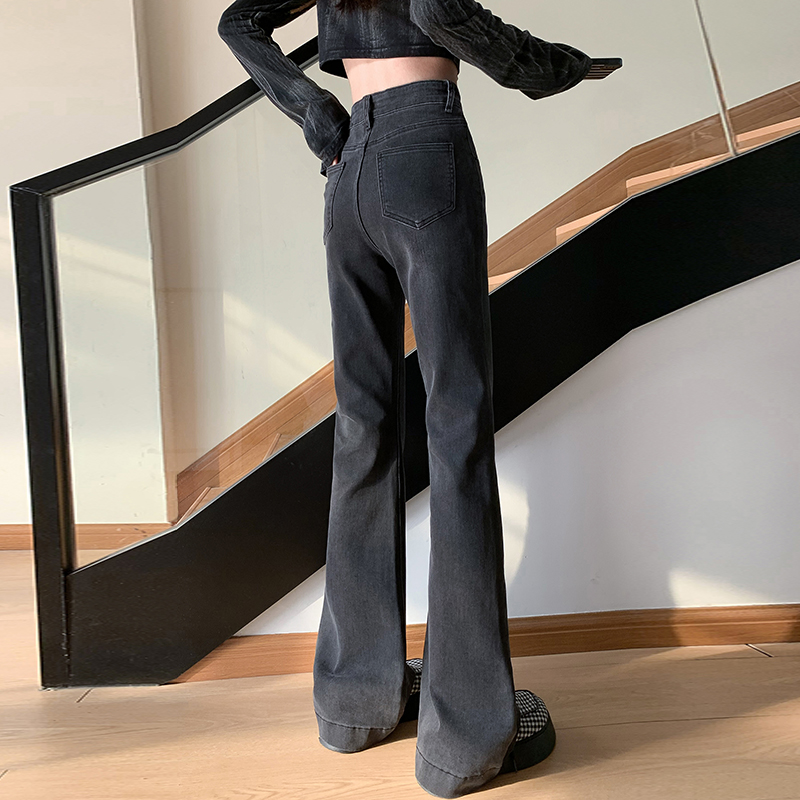 Real shot of black and gray micro-flared jeans for women 2024 new high-waisted slim American hot girl horseshoe flared pants
