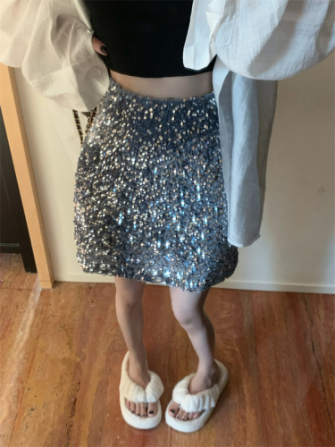 Actual shot of Internet celebrity's same style hot girl nightclub gray high-grade sequin design A-line hip-hugging short skirt