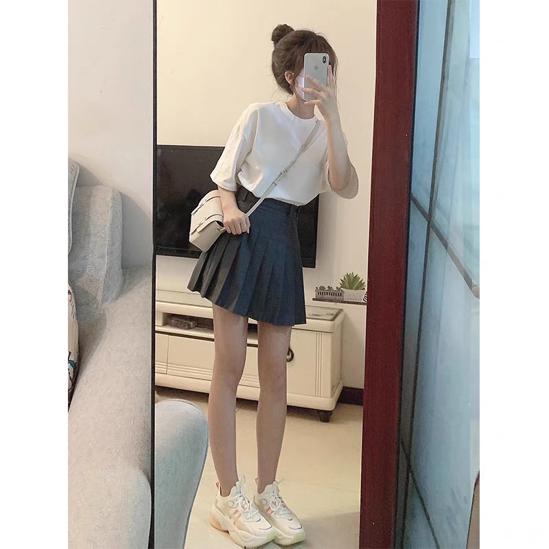 夏季可鹽可甜鹽系穿搭俏皮網紅炸街學院風短袖T恤+百褶裙兩件套裝