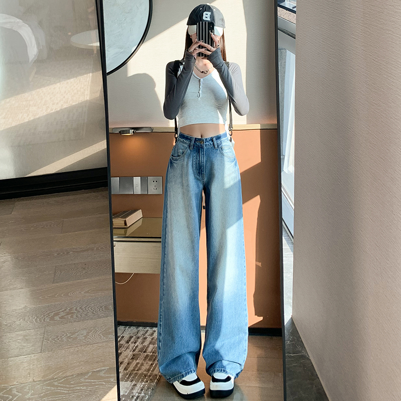 實拍~2024春裝新款韓版百搭潮流直筒褲闊腿褲女裝牛仔褲長褲ins潮