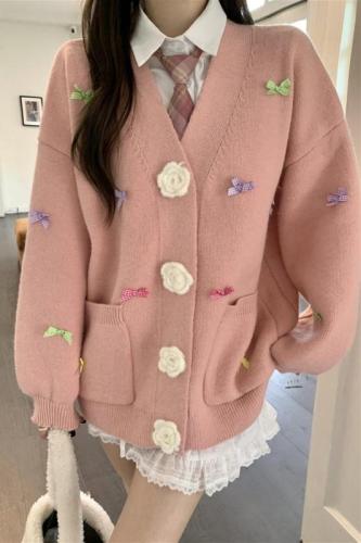 Real shot of soft girl's sweet bow flower knitted cardigan jacket