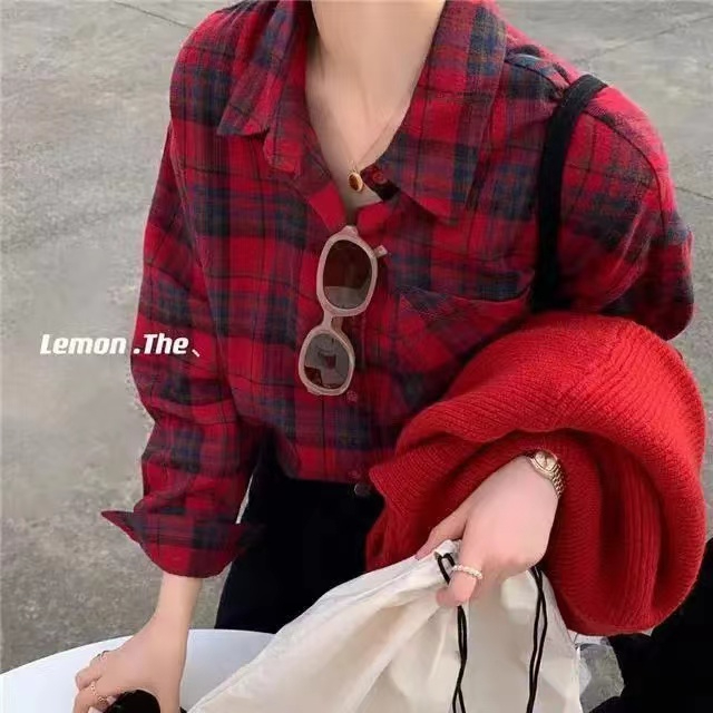 新款春秋紅色格子襯衫復古港風上衣磨毛襯衣洋氣修身襯衣女
