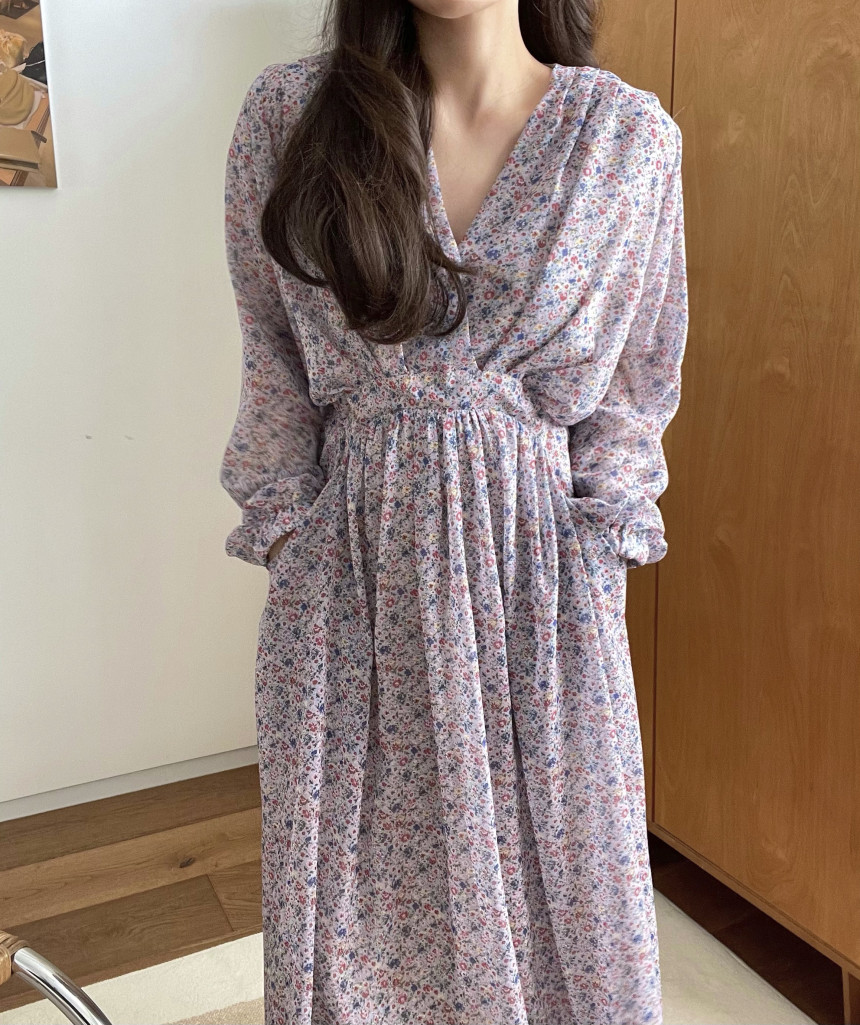 韓國chic 春季 優雅 V領 抽繩 系帶 收腰 長款 碎花 連衣裙