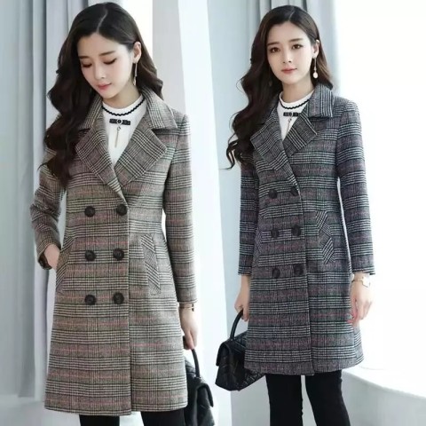 Popular plaid woolen coat for women mid-length Korean style slimming large size spring and autumn woolen coat