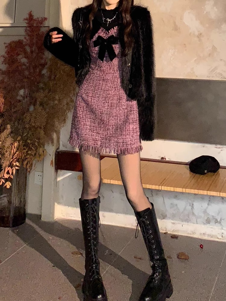 蝴蝶結小香風吊帶連衣裙女收腰氣質春季設計感內搭a字辣妹短裙子