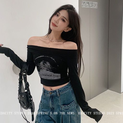 Black one-shoulder top for women spring and summer 2024 new slim fit short style