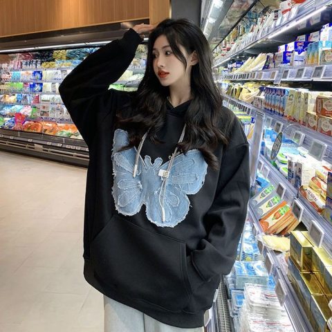 Double hood + embroidered butterfly original French fashion loose butterfly sweatshirt women's trendy 300g large sweatshirt