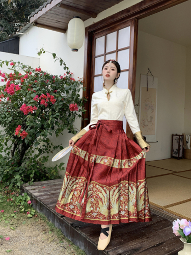 实拍 新中式国风复古鎏金丝烫提花上衣贵气改良马面裙套装