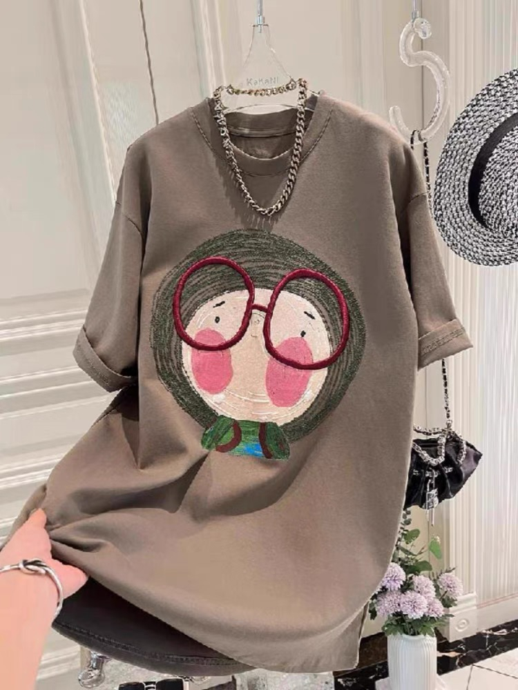 官圖特大碼300斤重工刺繡磨毛加厚短袖t恤女新款德絨
