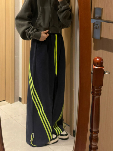 2024 American Navy Striped Sports Sweatpants Women's Straight Legs Spring Autumn Wide Legs Loose