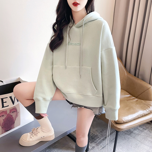 Real shot of rice wool composite 330g sweatshirt for women spring and autumn thin hooded embroidered flower top large size women's 200 pounds