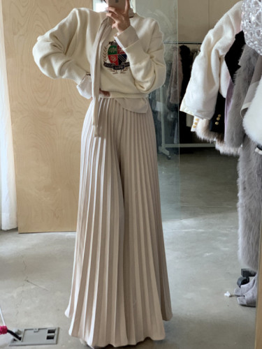 chic 2024 early spring Korean style pleated wide-leg pants extra long floor-length chiffon trousers 6066