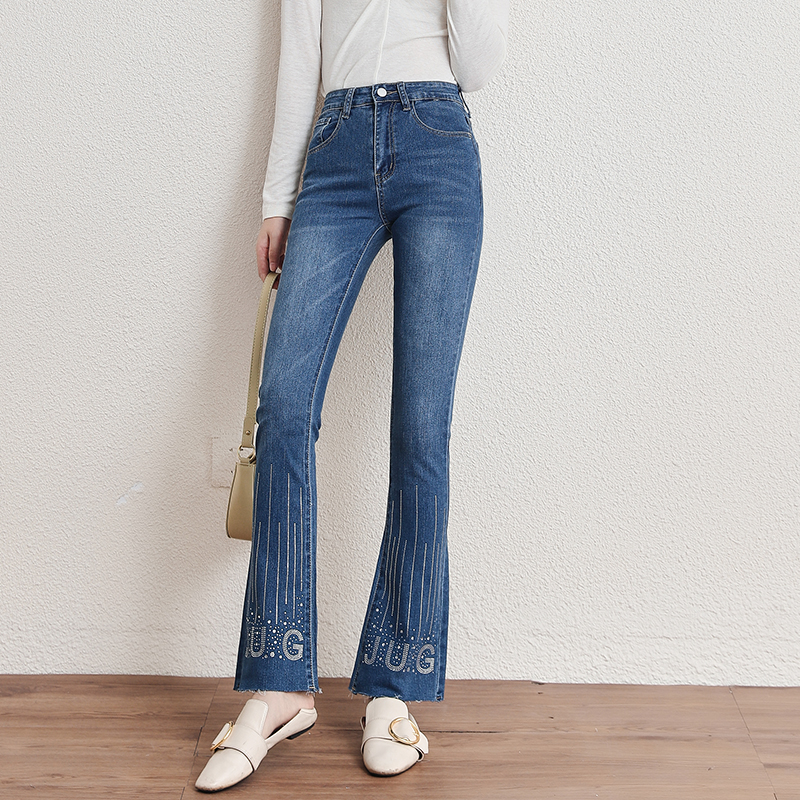 Real shot of artistic blue high-waisted jeans with heavy craftsmanship and flared pants for women nine-point 2024 spring new wide-leg pants