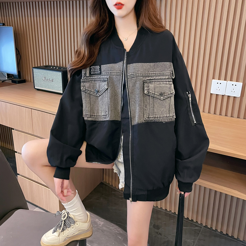 實拍-2024春裝棒球服夾克有內里美式復古牛仔拼接薄款外套女