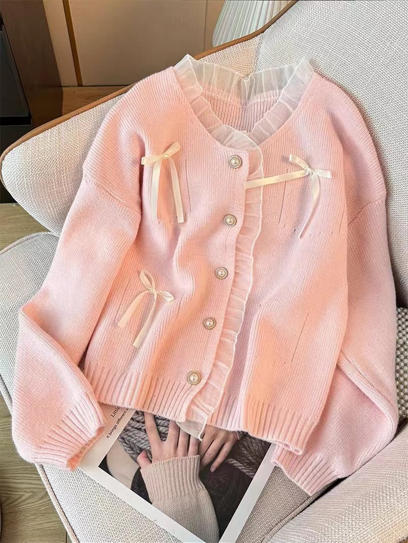 2024 spring and autumn new style French sweet age-reducing bow design lace splicing sweater cardigan knitted top for women