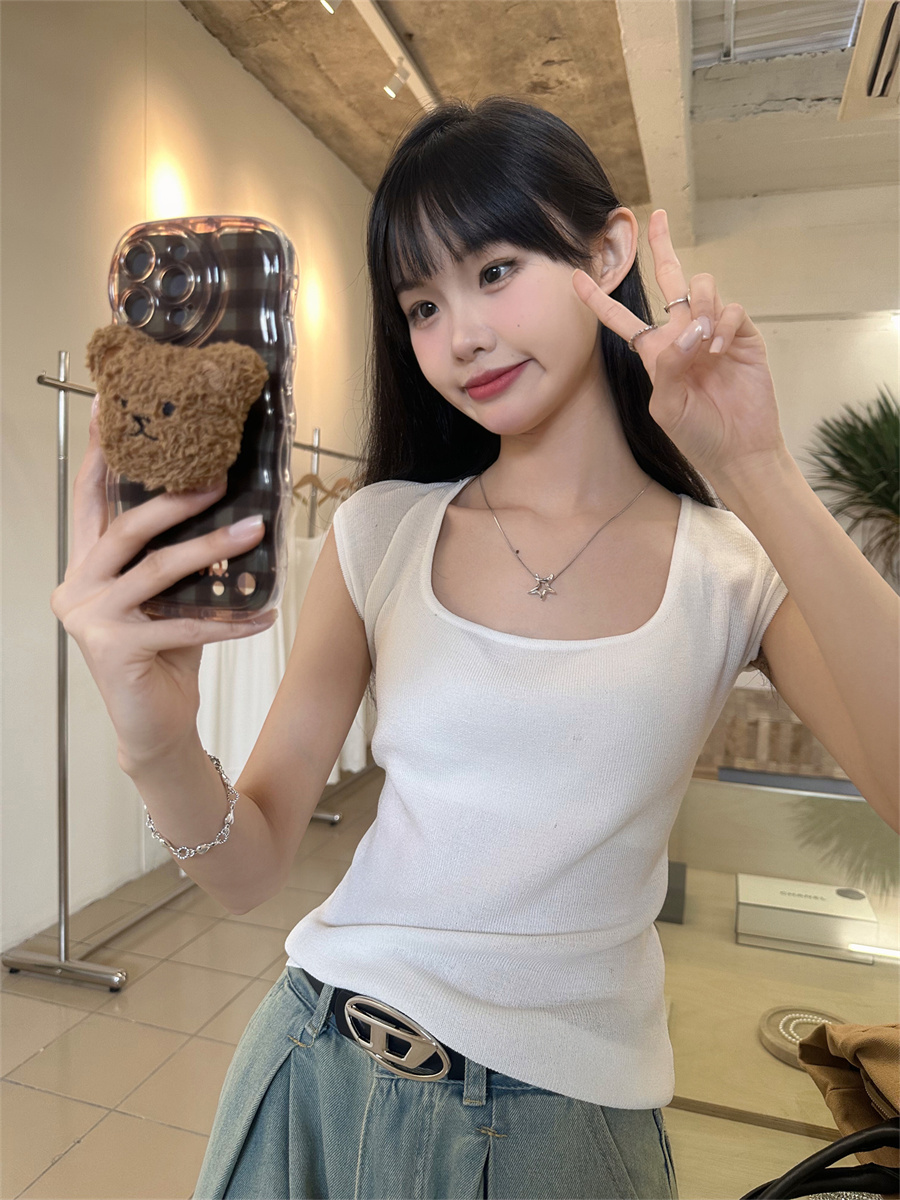 Real shot square collar slim short-sleeved T-shirt for women summer short thin style ice silk knitted top