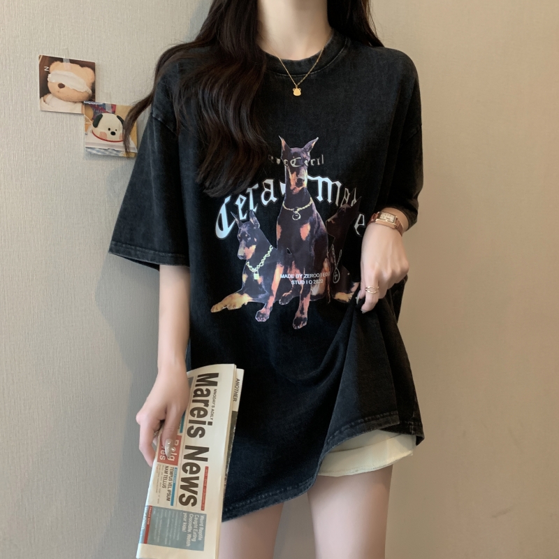 實拍 100%棉水洗做舊 下載寬鬆短袖T恤女寬鬆韓版