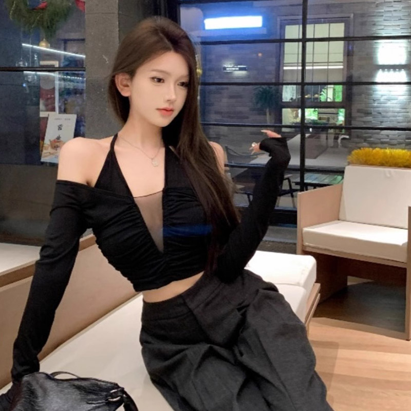 Official photo of hot girl V-neck off-shoulder halter top spring and autumn feminine mesh splicing nightclub style T-shirt