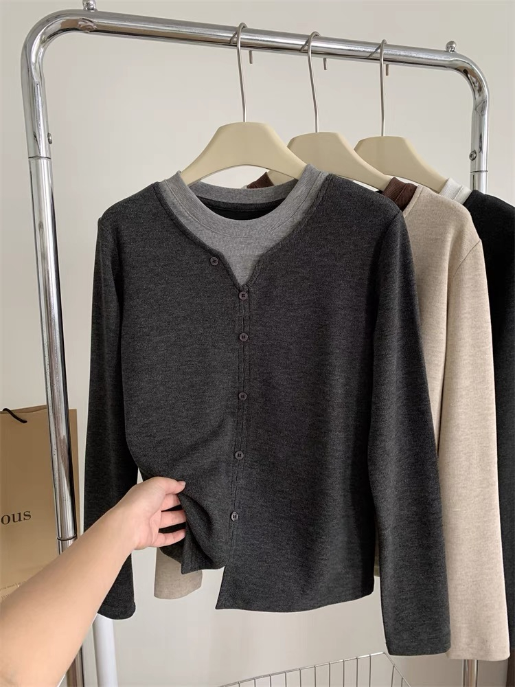Official Picture Extra Large Size 300 Jin Sheep Wool Single Breasted Fake Two Piece Long Sleeve T-Shirt Women's Top