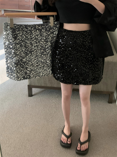 Actual shot of Internet celebrity's same style hot girl nightclub gray high-grade sequin design A-line hip-hugging short skirt