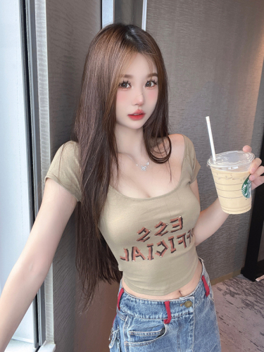 韩版美式字母印花上衣夏短袖方领修身显瘦短款设计感t恤