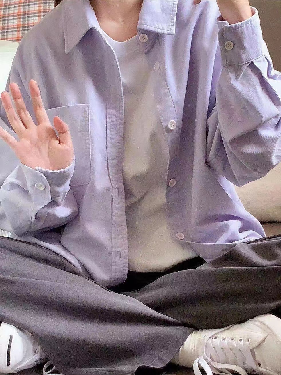 森系清冷紫色純棉襯衫外套女寬鬆休閒顯瘦襯衣開衫外穿上衣