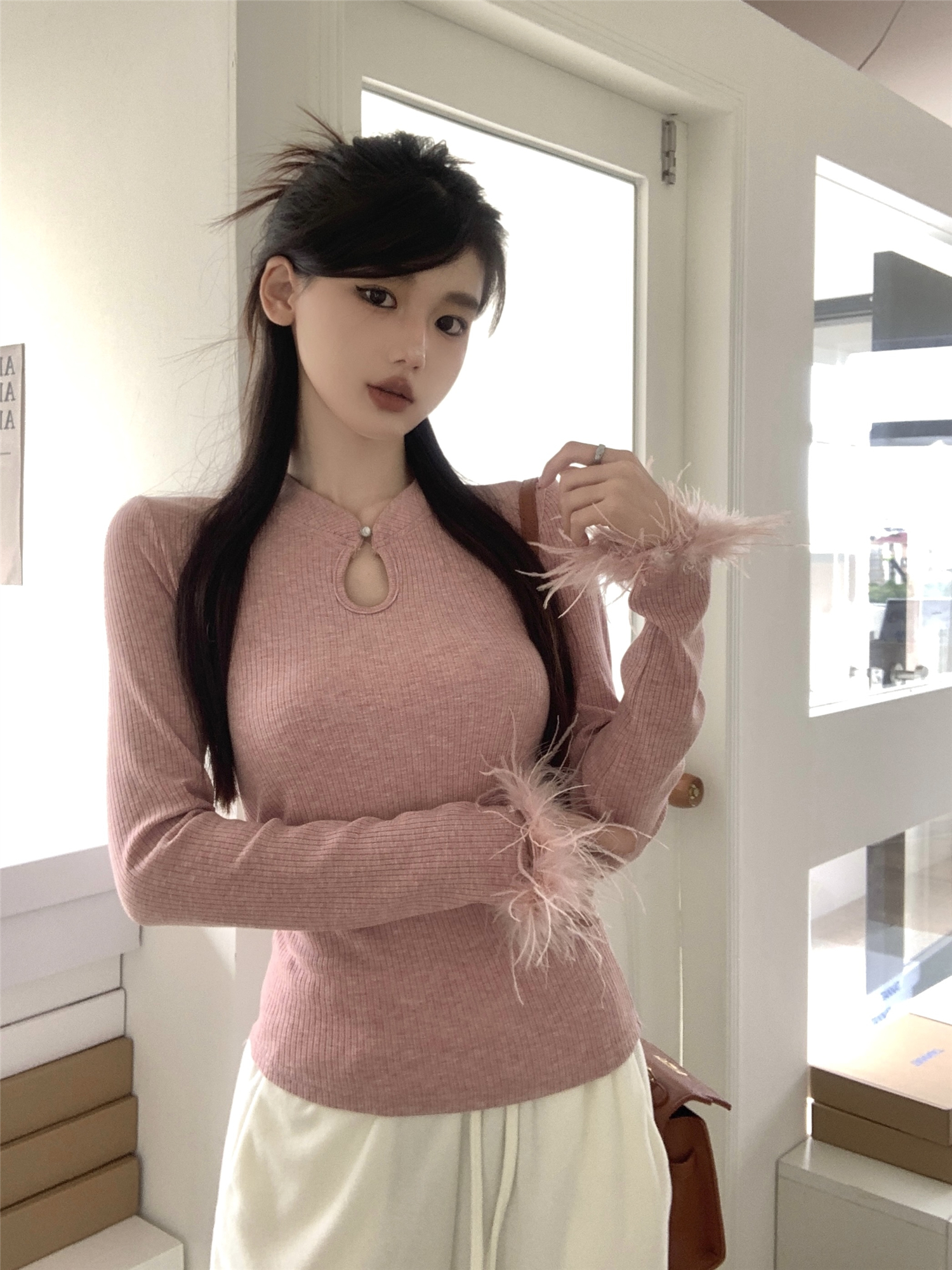Actual shot ~ Retro Chinese style water drop collar hollow out gentle style inner body slimming furry long-sleeved sweater