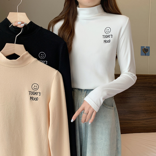 First real shot of bottoming shirt for women slim half turtleneck autumn and winter plus velvet 2024 trendy solid color warm top long-sleeved T-shirt