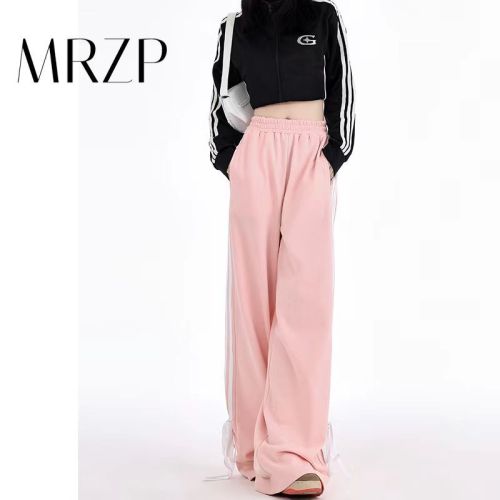 American pink bow elastic waist straight sweatpants for women in autumn and winter, loose slimming and drapey sports casual wide leg pants