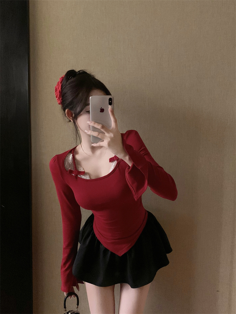 Actual shot of 2024 spring new lace splicing fake two-piece versatile slimming bottoming top