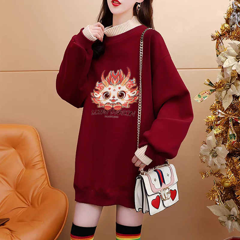 Pure cotton composite super soft autumn and winter super fire dragon print fake two-piece half turtleneck plus velvet sweatshirt for women
