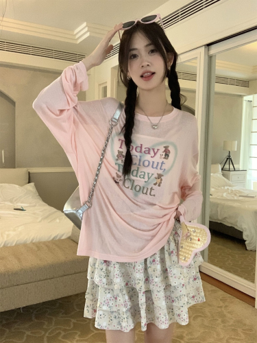 Korean style thin love letter printed long-sleeved pink T-shirt for women with loose design, slim and casual