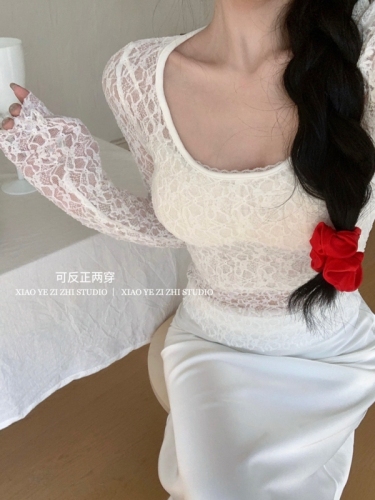 Real shot of hot girl style front and back U-neck retro crocheted lace stretch outer bottoming shirt see-through top