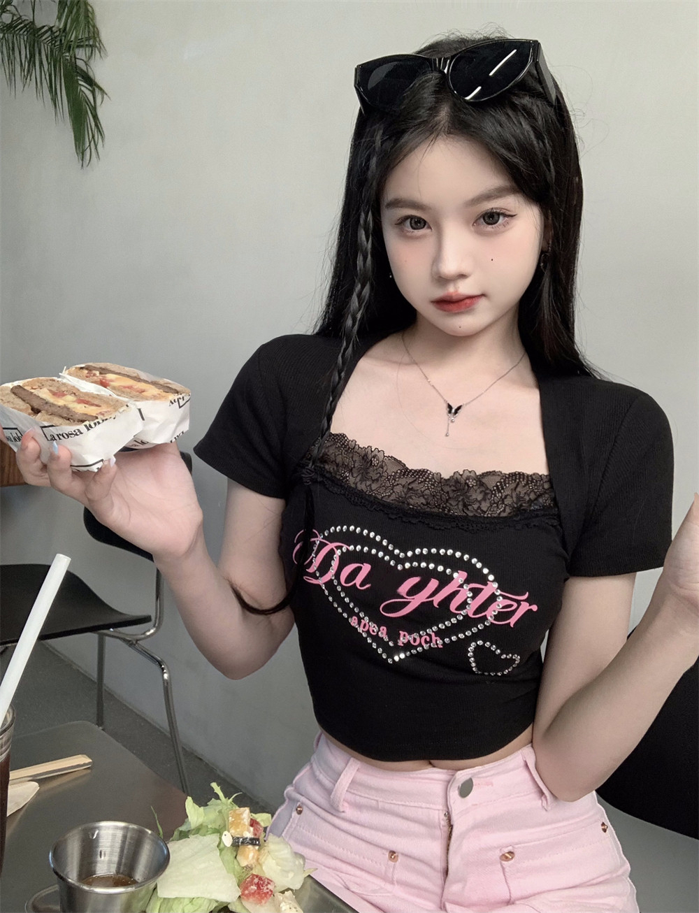 性感純欲蕾絲邊小吊帶背心女 主播服裝甜辣妹少女愛心印花短袖T恤