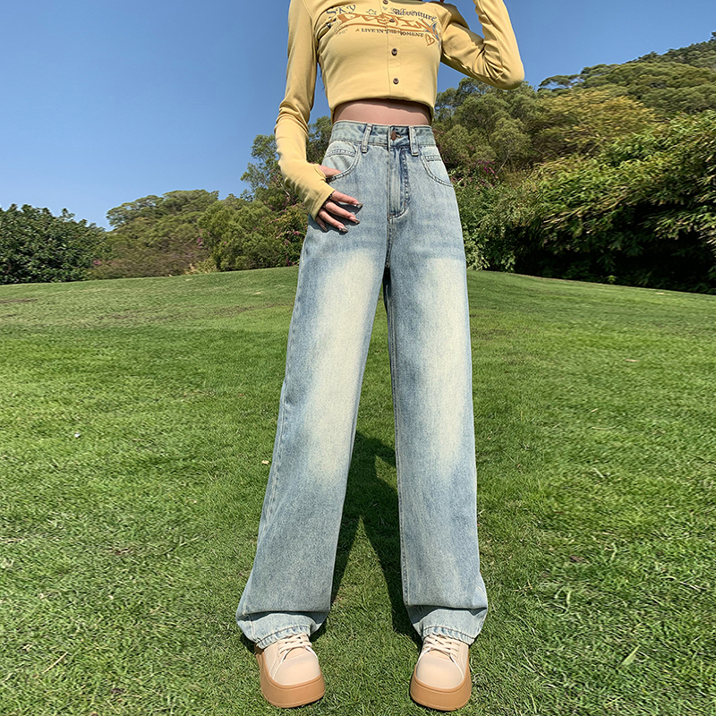 實拍淺色闊腿高腰牛仔褲女2024美式高街顯瘦辣妹拖地寬鬆直筒褲子