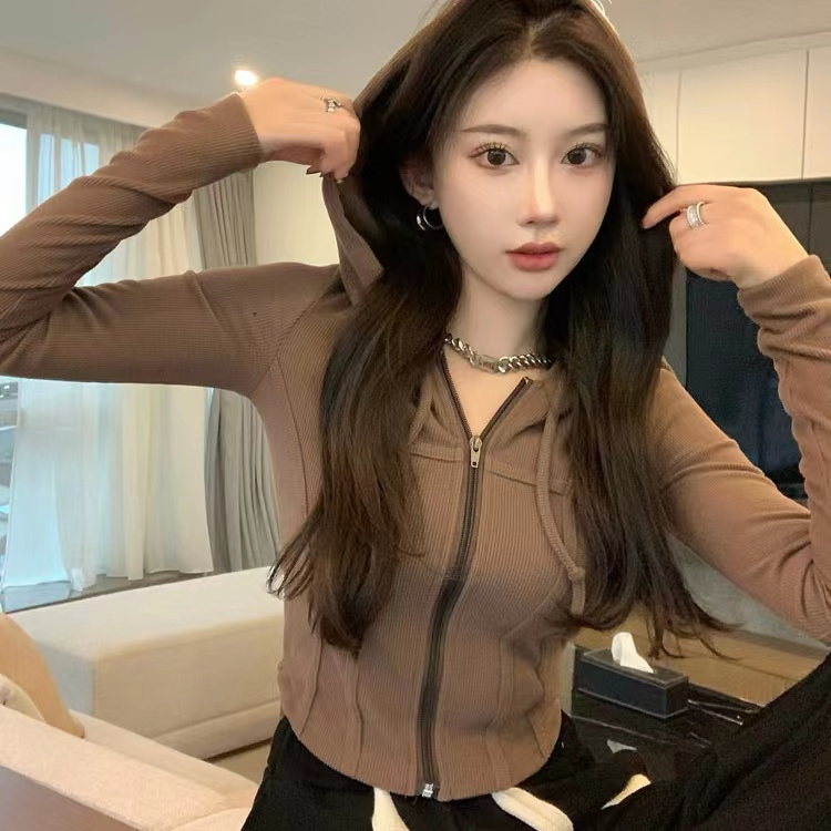 Hooded thin coat for women spring and autumn 2024 new zipper long-sleeved cardigan slim hot girl tops for women