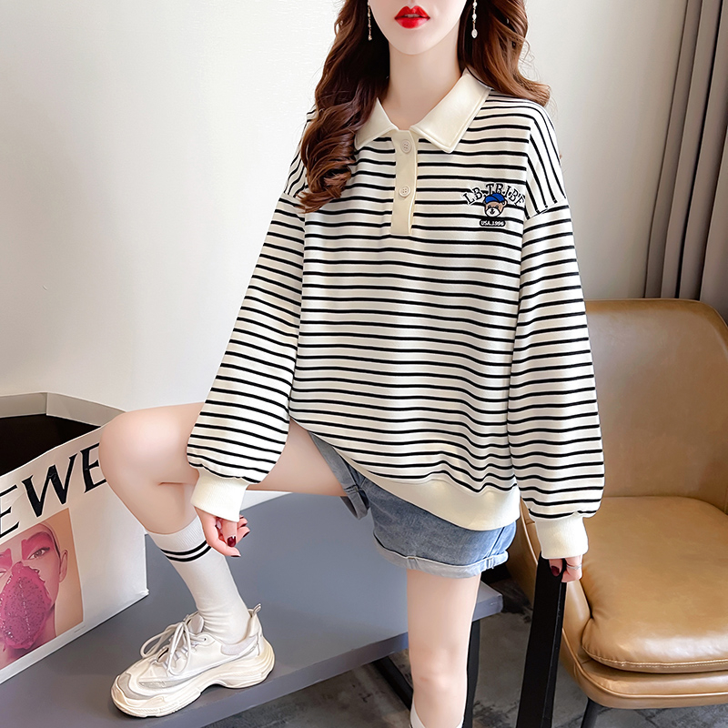 Real shot 300g original quality sweatshirt for women spring and autumn thin striped embroidered lapel long-sleeved T-shirt tops for women plus size