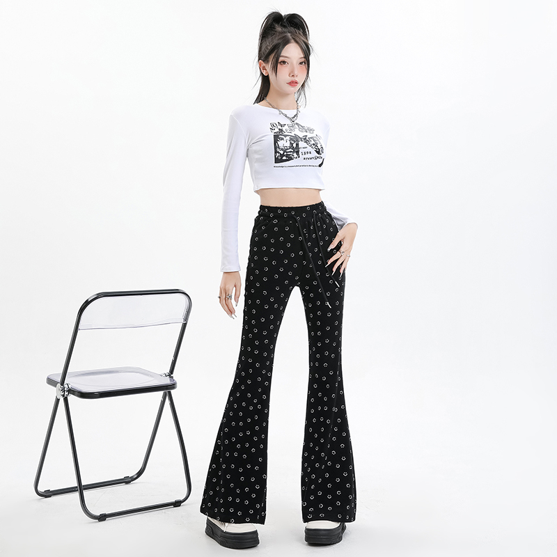 Real time photo of smiling face print, floor dragging, slimming effect, slim fit, elastic casual flared pants, women's pants, and extended length