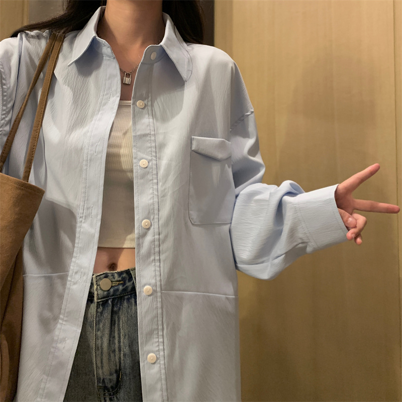 Blue POLO collar long-sleeved shirt, spring and autumn Korean style high-end loose large size mid-length thin slimming top for women