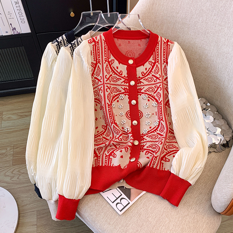 Real shot of large size women's contrasting color design sweater for women 2024 early spring new temperament versatile sweater jacket