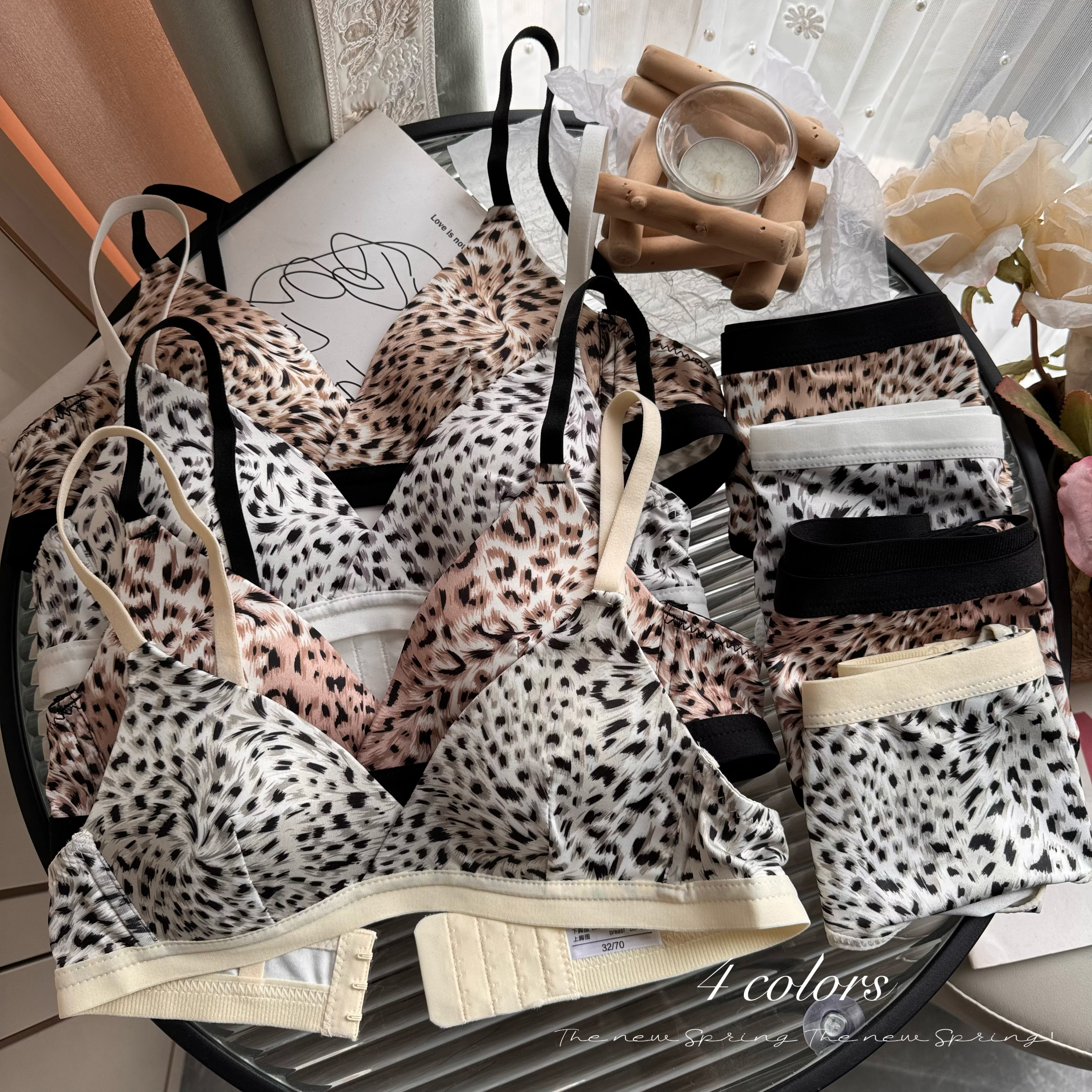 Real shot of Japanese sexy leopard print push-up bra set without rims for girls, bra to hold side breasts underwear