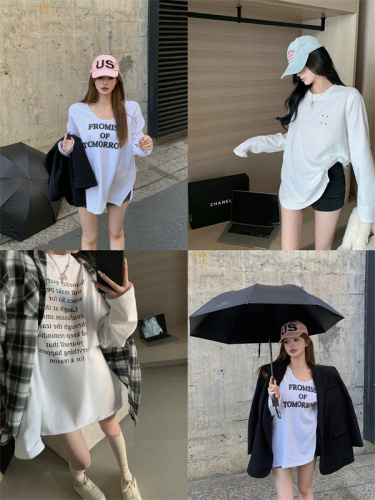 Actual shot~ Round neck loose mid-length side slit letter white brushed thick T-shirt for women bottoming long-sleeved top