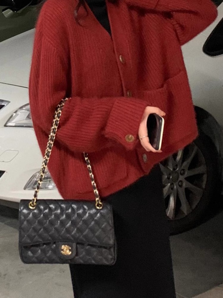 New Year's red sweater cardigan coat for women spring and autumn loose lazy style 2024 new V-neck sweater autumn and winter