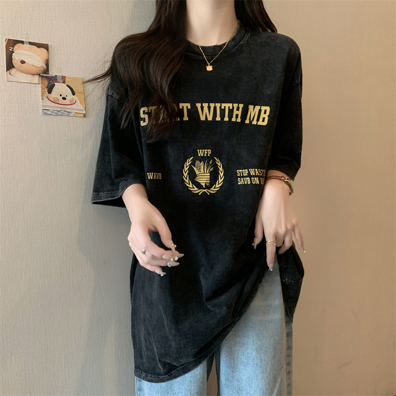 實拍 100%棉220g精梳水洗做舊 寬鬆短袖T恤女寬鬆