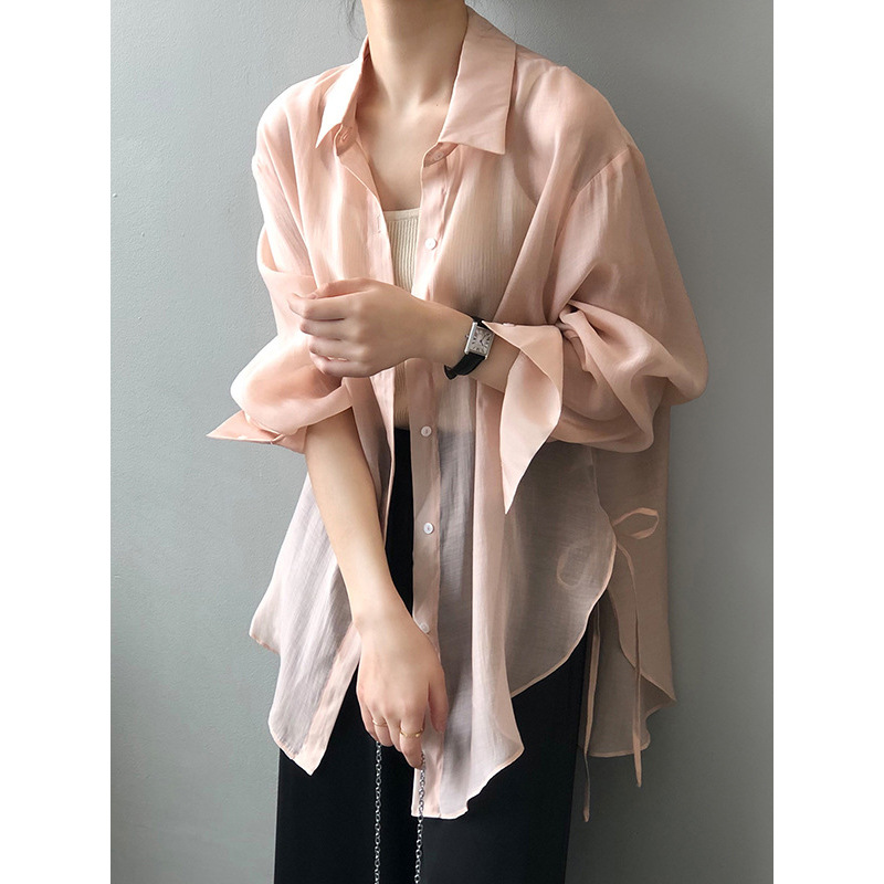Real shot ~ Lace-up design shirt for women 2024 spring and summer new Korean style shirt, light and loose sun protection clothing